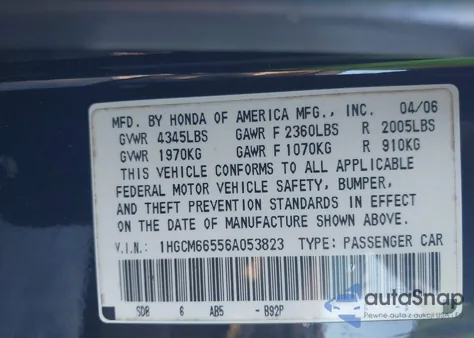 2006 Honda Accord 3.0 Ex from USA, damaged, VIN 1HGCM66556A053823
